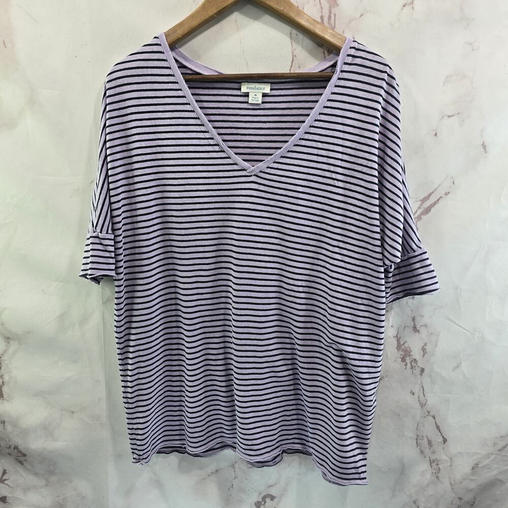 Sundance T Shirt Womens Medium Purple Striped Half Dolman Sleeve Red V Neck Tee